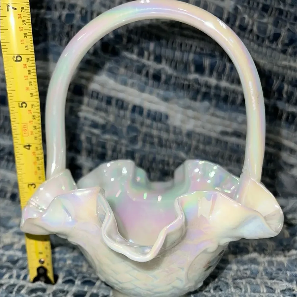 Fenton Hand painted Basket w/Handle Opalescent Signed by Artist